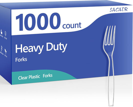 SACATR 1000 Count Plastic Forks Heavy Duty, Plastic Silverware Clear Forks, Premium Disposable Forks Bulk, BPA-Free, Heat Resistant, Suitable for Parties, Events and Everyday Use
