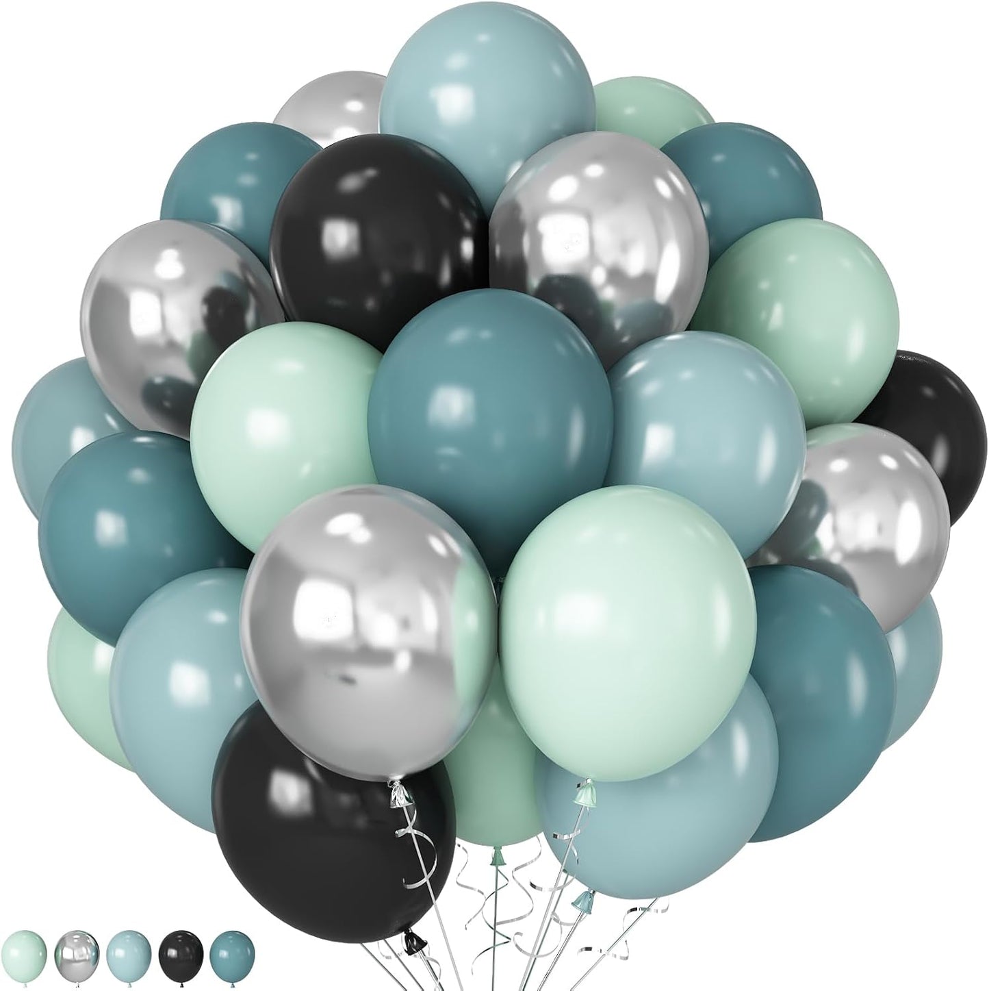 Dusty Blue and Black Balloons 60pcs 12 Inch Race Car Slate Light Pale Blue Green Black Metallic Silver Latex Helium Balloon for Boys Race Car Fast Birthday Safari Baby Shower Party Decorations