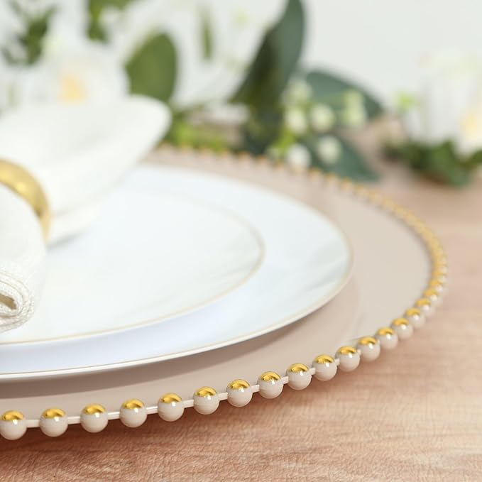 Efavormart 10-Pack Economy Plastic Charger Plates 13" Round Taupe with Gold Beaded Rim - Stylish Dinner Party Serving Plates