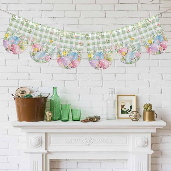 Easter Eggs Banner 3Pcs Indoor Outdoor Hanging Banner Flag Spring Daisy Eucalyptus Leaves Sage Green Plaid Sign for Fireplace Mantel Decorative Bunting Garland Valance for Shop Door Decor 7.9"x11.8"