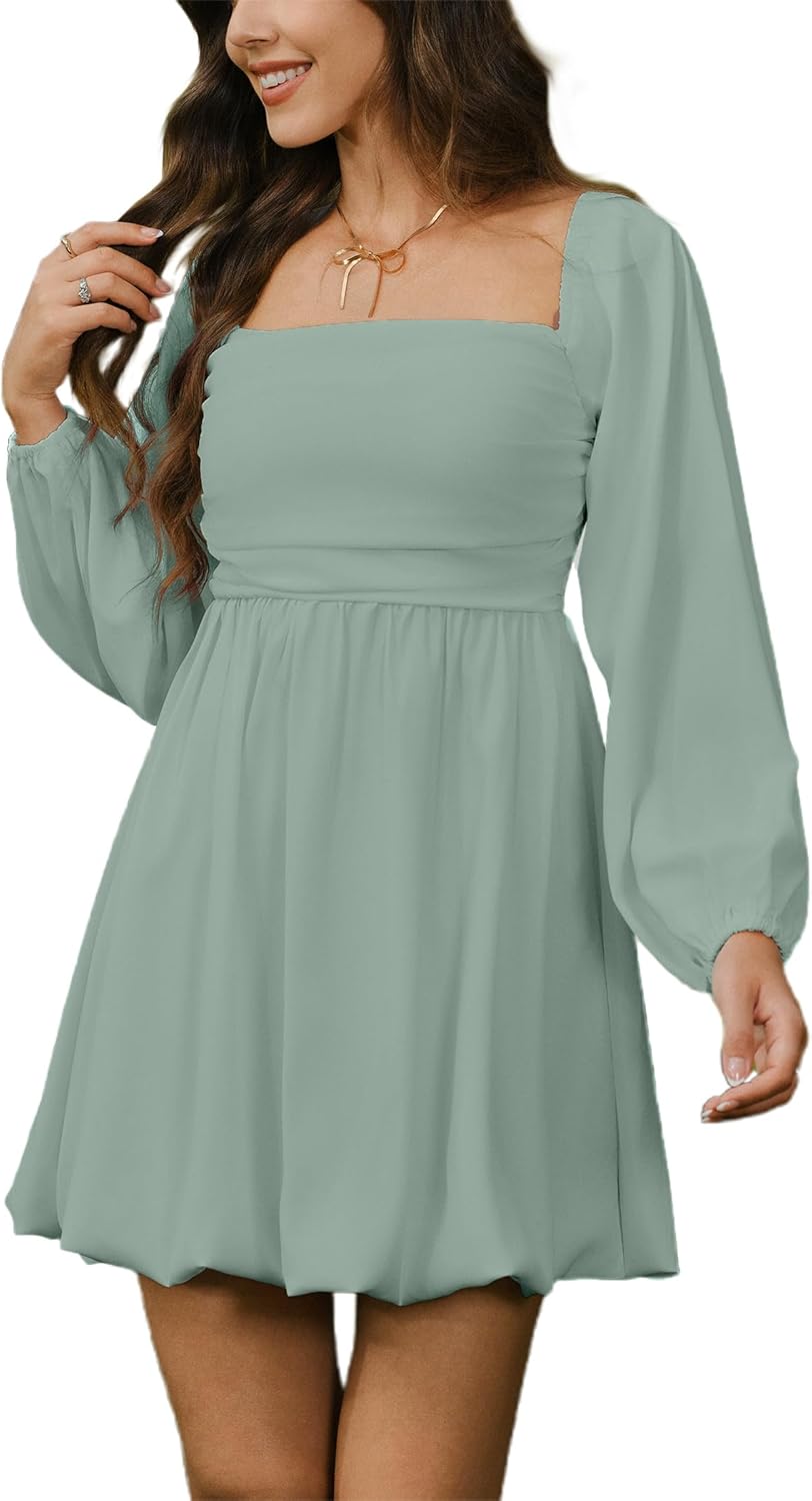 HYPERFIRE Women's Square Neck Pleated Long Sleeve Mini Dress Smocked A Lind Bubble Wedding Dresses