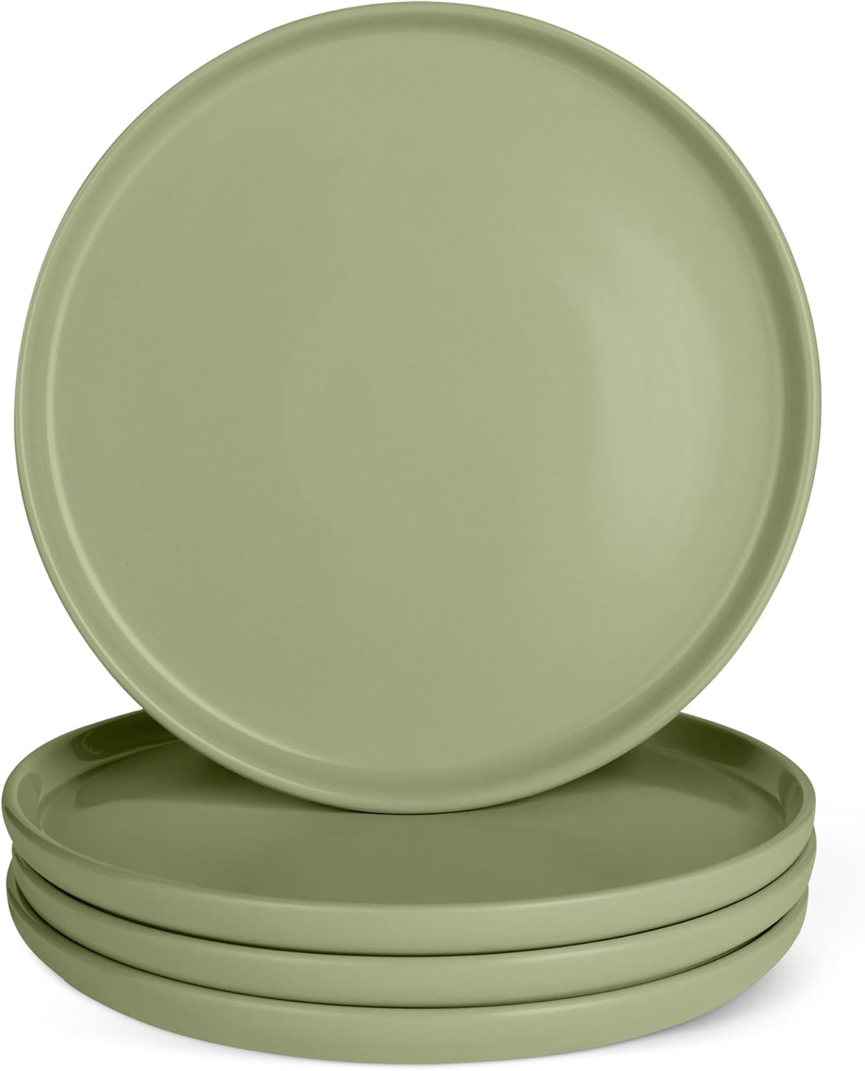 Amazon Basics Glazed Stoneware Dinner Plates, 4-Piece Set, Microwave and Dishwasher-Safe, 10.5 in., Olive