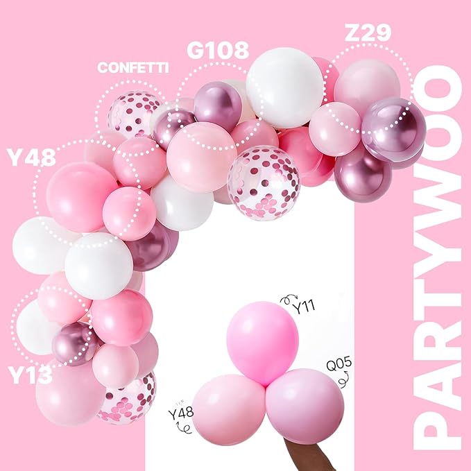 PartyWoo Pink and White Balloons 65pcs 12 Inch Light Pastel Baby Metallic Pearl Pink Matte White Confetti Balloons for Gender Reveal Wedding Bridal Girl Baby Shower Princess Birthday Party Decorations