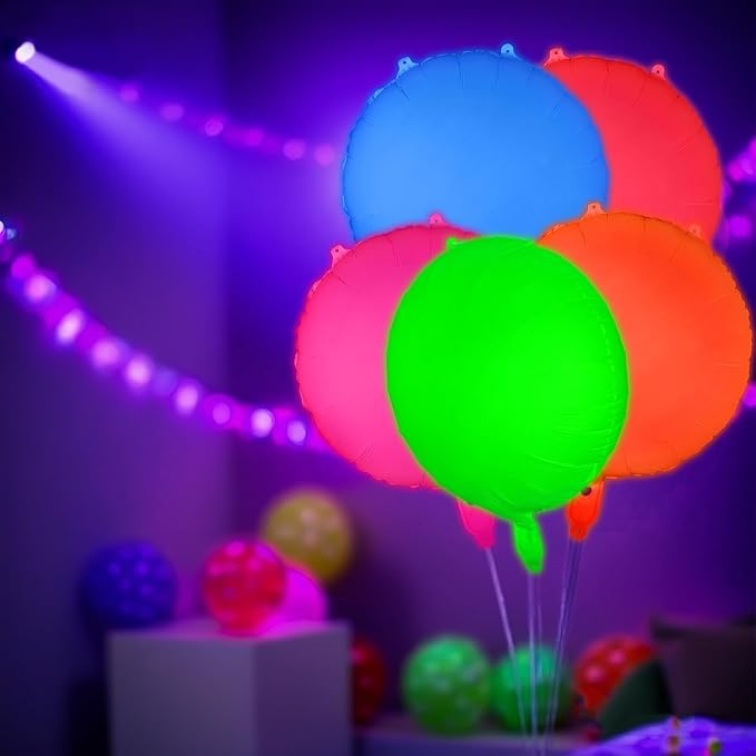 Mega-L Glow in the Dark Party Supplies, 5 Pcs Neon Round Balloons Set – Fluorescent Red, Lemon Yellow, Fuchsia, Blue and Orange Balloons Perfect for Birthday, Wedding, Anniversary, Graduation Party