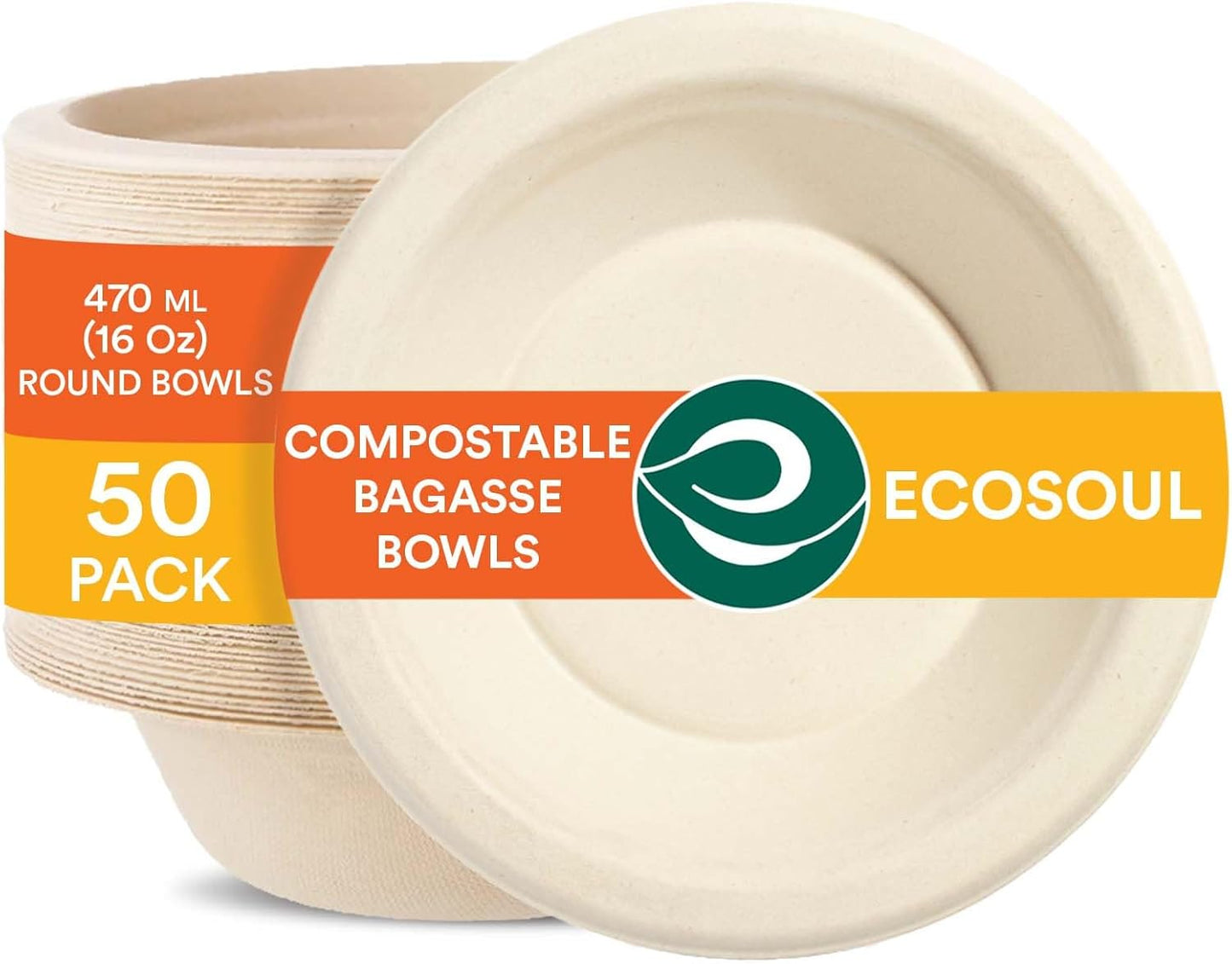 ECO SOUL 100% Compostable 16 Oz Soup Bowls [50-Pack] Disposable dessert bowls I Heavy duty paper bowl I Eco-friendly salad bowl I Biodegradable large Bowls