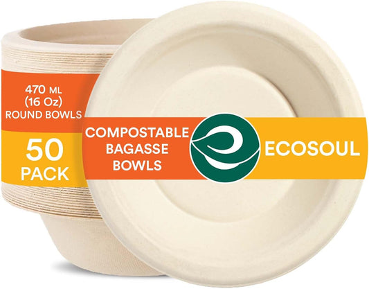 ECO SOUL 100% Compostable 16 Oz Soup Bowls [50-Pack] Disposable dessert bowls I Heavy duty paper bowl I Eco-friendly salad bowl I Biodegradable large Bowls