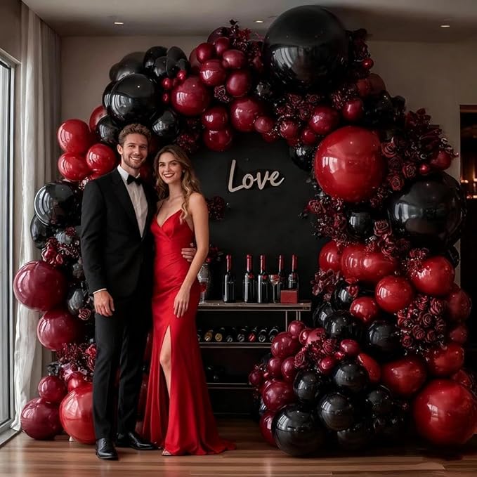Black Red Balloon Arch Double Stuffed Black Burgundy Maroon Balloons Dark Ruby Red Metallic Balloon Garland Kit for New Year Birthday Wedding Valentines Anniversary Graduation Party Decorations