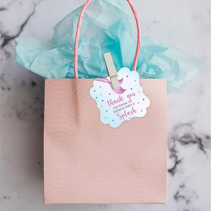 Andaz Press Fancy Frame Kids Party Favor Thank You Tags with String, 48-Pack Mermaid Birthday Gift Tags for Gift Bags, Favor Bags, Goody Bags, Girls Mermaid 1st Birthday Party Favors Hanging Tags