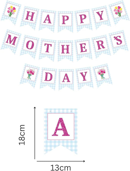 Happy Mother's Day Banner Set Decoration for Mother's Day Party Decorations Backdrop Garland for Mom Glitter Garland Photo Props (Blue Tulip)