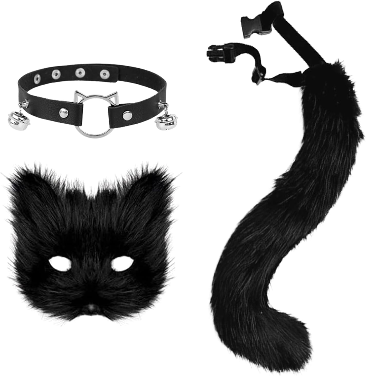 3 Pcs Furry Cat Mask Set, Faux Fur Fox Mask and Tail Set, Halloween Party Cosplay Costume Accessory,Wolf Masks and Leather Necklace for Halloween Parties, Themed Role-playing Parties (black)
