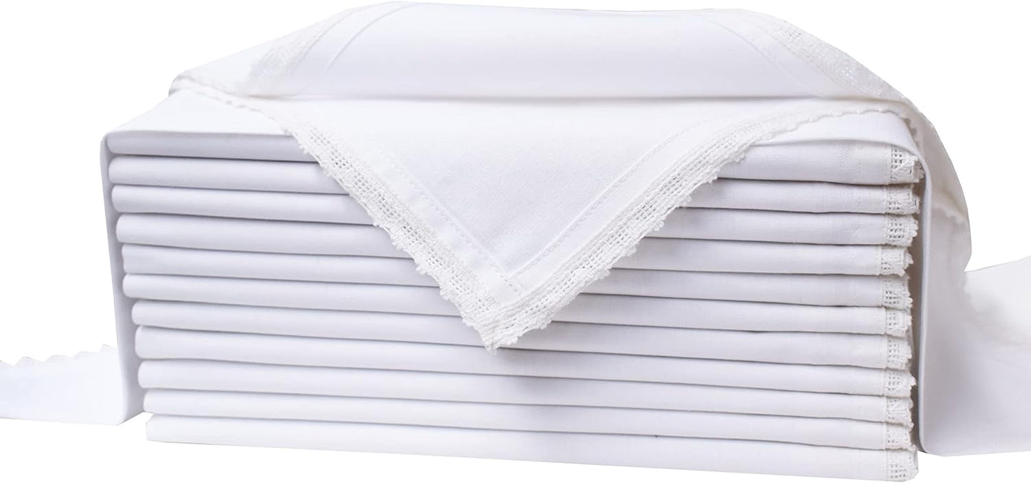 Lightnpro Set of 12 Cloth Dinner Napkins with Beautiful Lace - Cotton, Soft & Durable, Washable - Ideal for Weddings, Spring, Summer, Easter, and Everyday Use - 18x18 Inch White