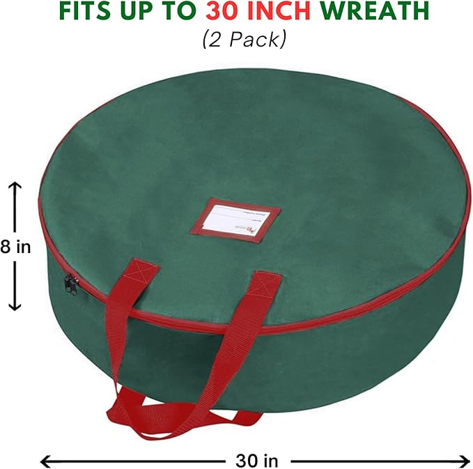 Primode Christmas Wreath Storage Bag 30" - 2 Pack Artificial Wreath Container - Garland Holiday Xmas Wreaths Holder - Sturdy Handles - Card Slot Zipper Strong 420D Oxford (30 Inch, Green)