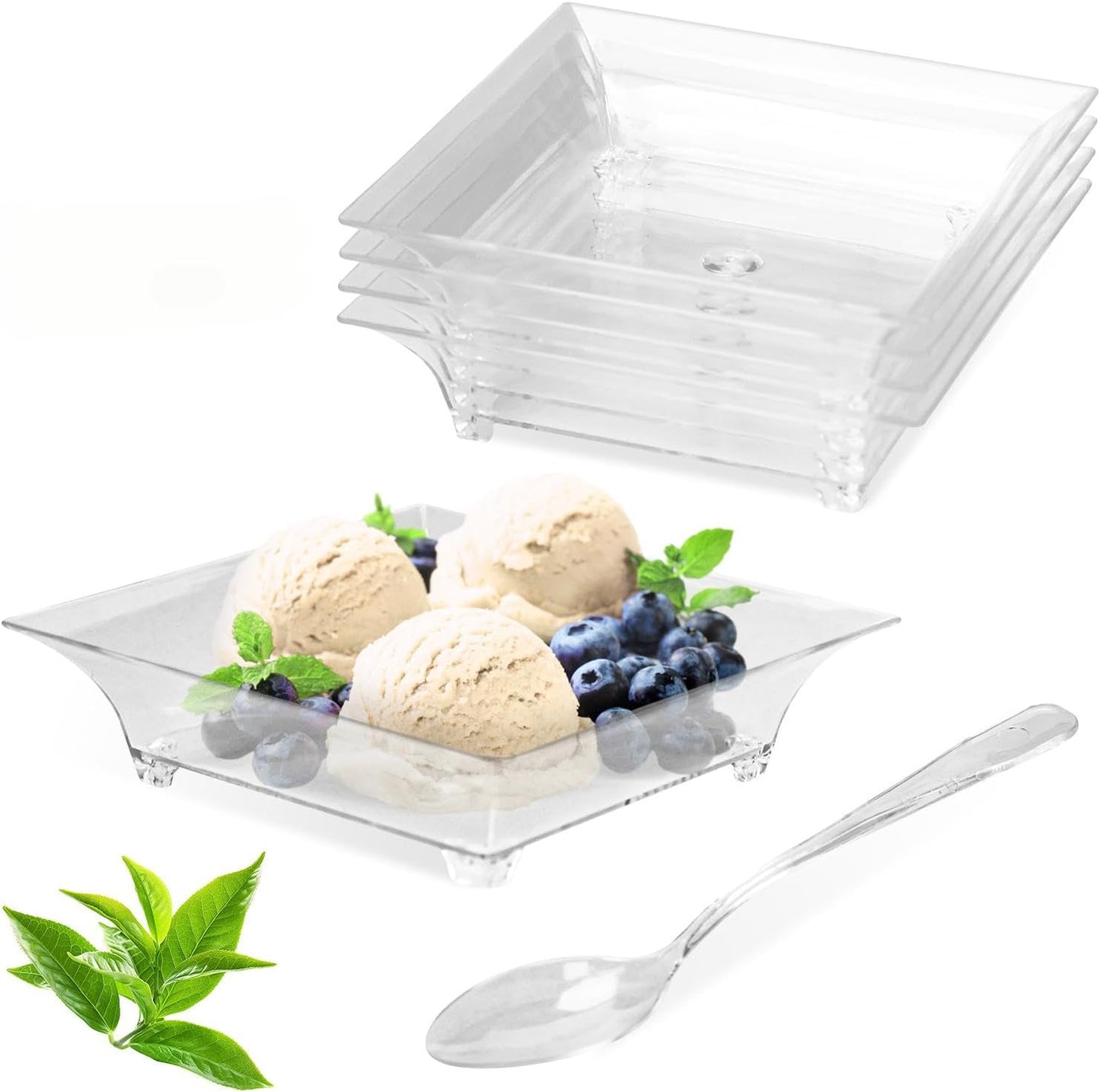100 Pack 1 oz mini Square Dessert Plates for Appetizers，Mini Plastic Plates with Spoons，Reusable Square Small Party Serving Bowls for Trifle, Cheesecake, Ice cream