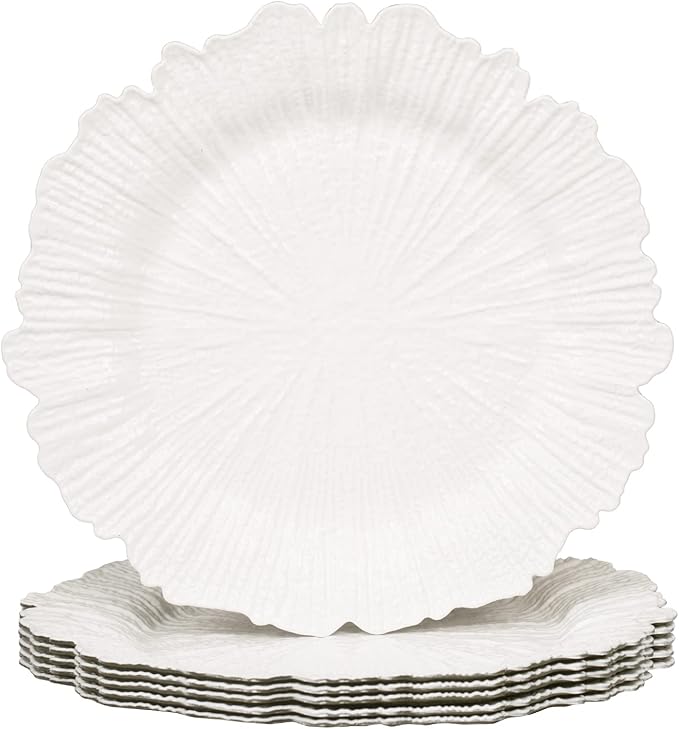 MAONAME Reef White Charger Plates, Plate Chargers for Dinner Plates, Plastic Plate Chargers for Wedding Decor, Thanksgiving, Christmas, Set of 6