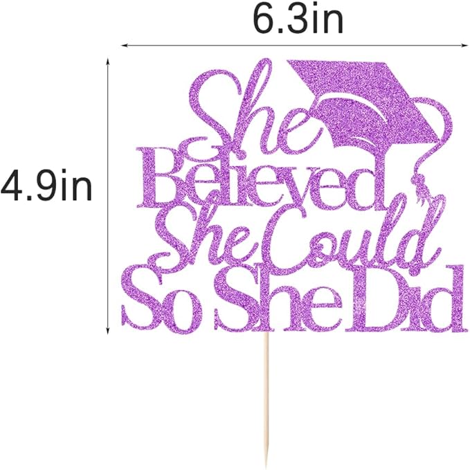 She Believed She Could So She Did Cake Topper,2026 Graduation Cake Topper,Cake Decorations for Girls,2026 High School/College/University Graduation (purple)