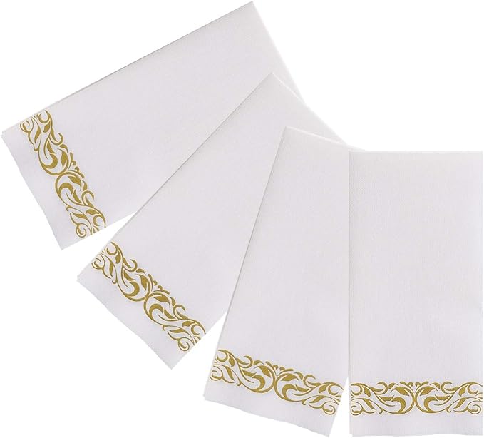 200 Disposable Hand Towels Soft and Absorbent Linen Feel Dinner Napkin Durable Decorative Bathroom Hand Napkins Good for Kitchen, Parties, Weddings, Dinners or Events White and Gold