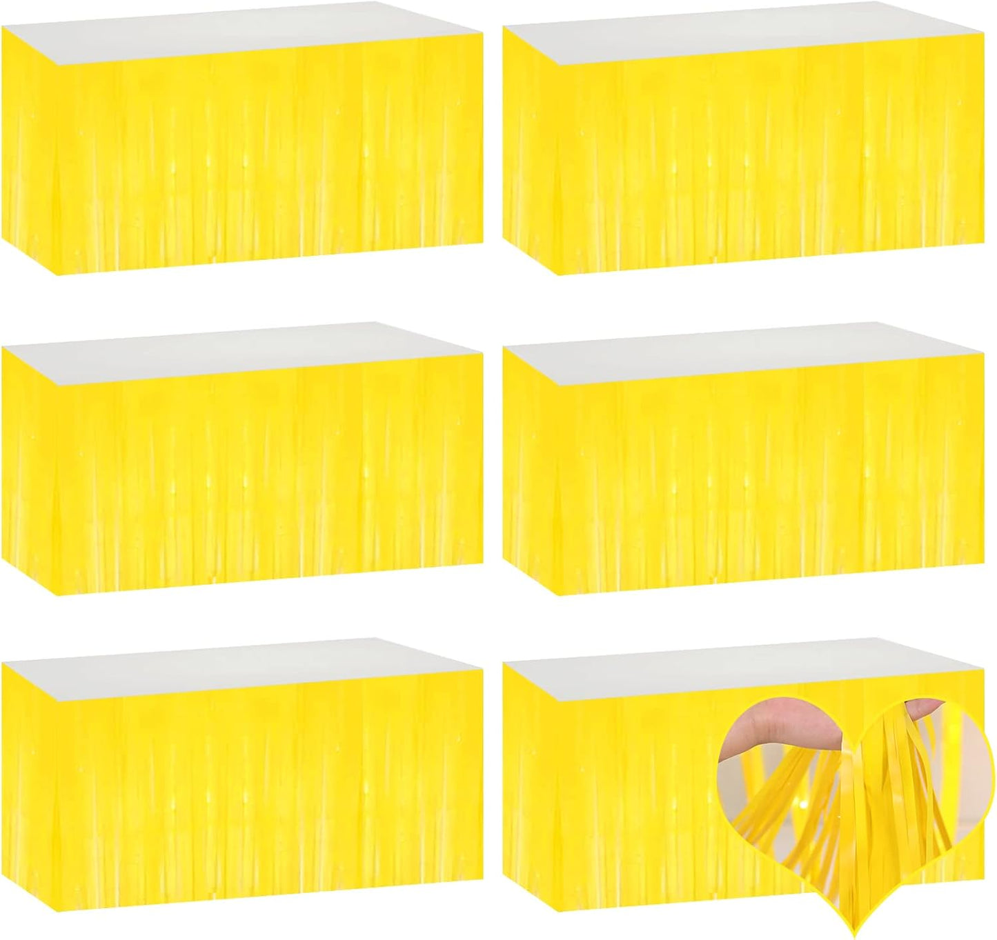 6 Pack 29x108 Inch Yellow Metallic Foil Fringe Table Skirts Banner for Tinsel Streamer Garland Curtains Backdrop for Parade Floats Wedding Baby Shower Birthday Christmas Halloween Party Decoration