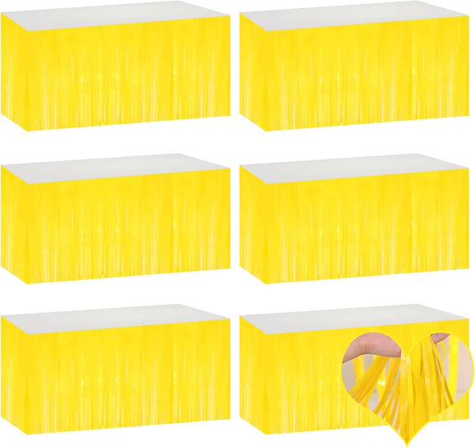 6 Pack 29x108 Inch Yellow Metallic Foil Fringe Table Skirts Banner for Tinsel Streamer Garland Curtains Backdrop for Parade Floats Wedding Baby Shower Birthday Christmas Halloween Party Decoration