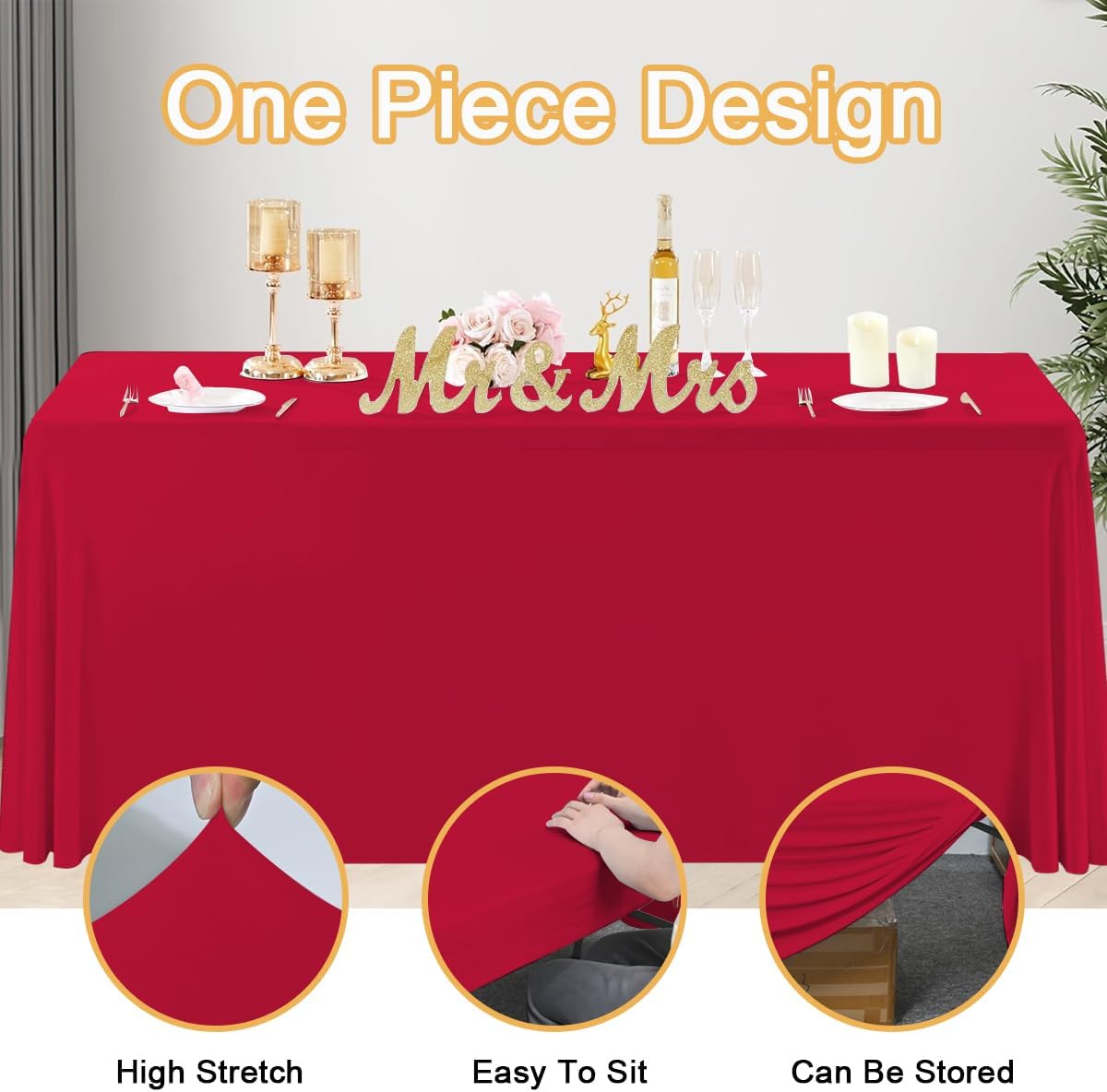 HAORUI Open Back Table Skirts, 4Pack Rectangle Wrinkle Resistant Table Clothes, Ruffles Elastic Table Cover for Banquets, Weddings, Parties (6ft Red)