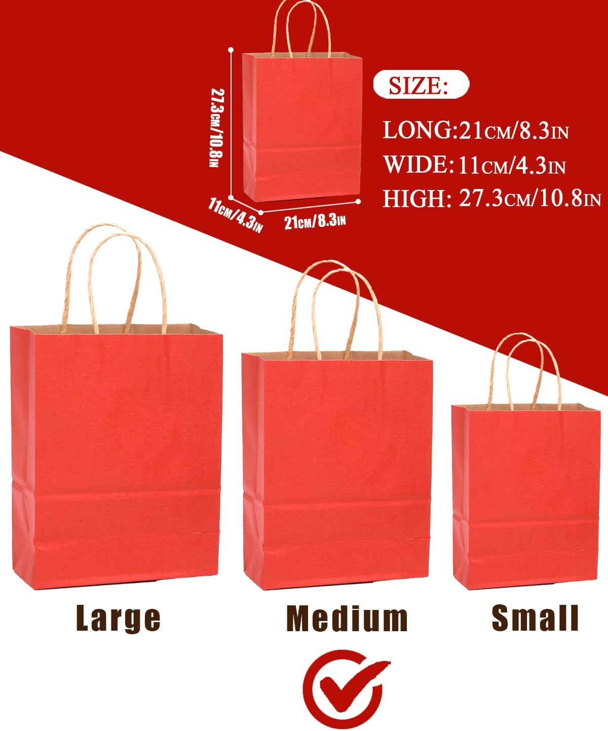 qiqee 100PCS Gift Bag with Handles Bulk Kraft Red Paper Bags Multiple Uses (11"x5"x8"inch Medium Size)