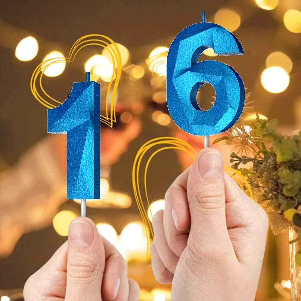 Number Birthday Candles(30 Candle Blue) 3D Diamond Shape Number Happy Birthday Cake Candles for Birthday Party Wedding Decoration Reunions Theme Party