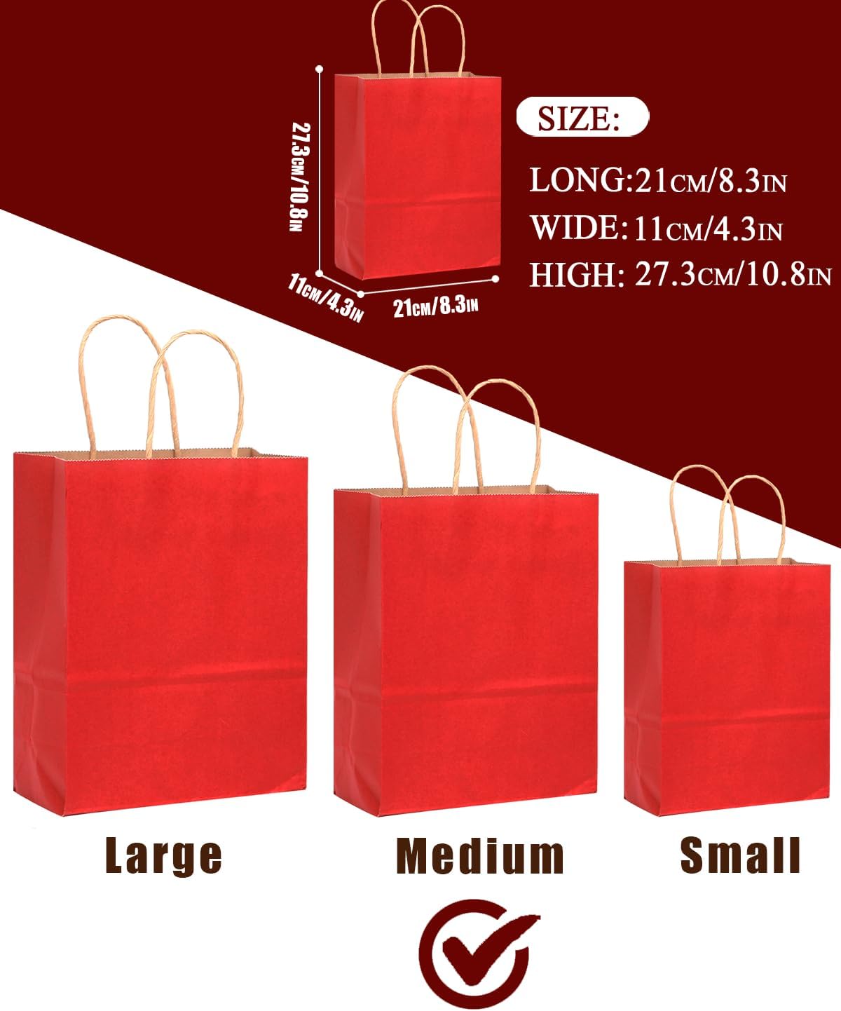qiqee 100PCS Gift Bag with Handles Bulk Wine Red Paper Bags Multiple Uses (11"x5"x8" Medium Size)