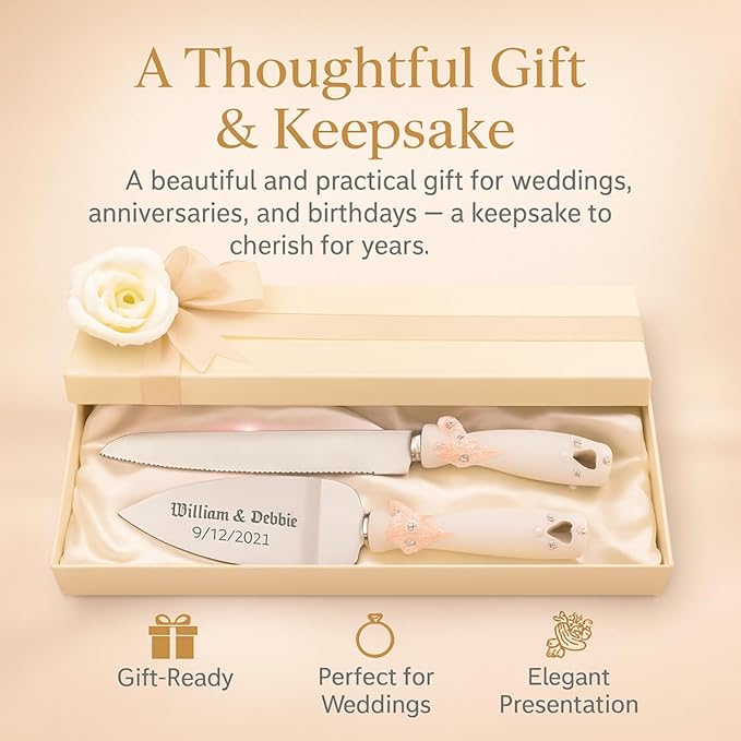 GIFTS INFINITY Personalized Wedding Cake Knife and Server Double Heart Set Free Engraving, Bridal & Baby Shower, Anniversary, Birthday, Engagement, Sweet Sixteen - Valentine's Day Gift