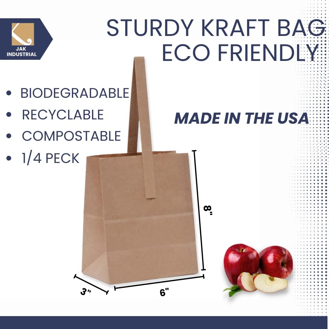 8 x 6 x 3.5 Inch Small Kraft Paper Bags with Paper Handles - Quarter Peck Apple/Produce Bag (25)