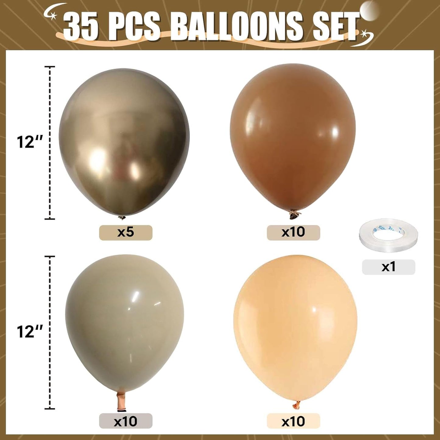 Brown Gold Balloons, 12 inch Double Stuffed Brown Gold and Cream Beige Balloons for Neutral Baby Shower Boho Wedding Birthday Party Decorations