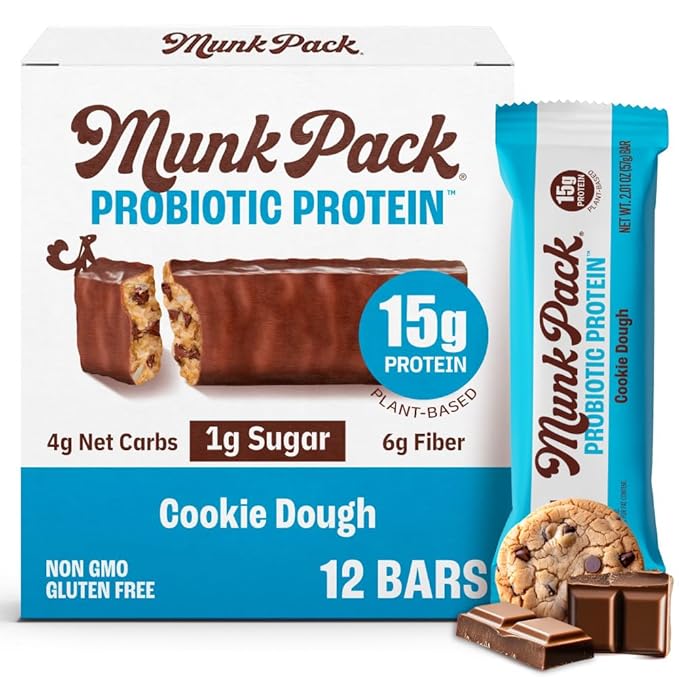 Munk Pack Cookie Dough Probiotic Keto Protein Bars Stocking Stuffers | 15g Protein, 1g Sugar, 4g Net Carbs | Plant-Based, Low Sugar, Gut Health Snacks, Gluten-Free, Non-GMO | 12 Count