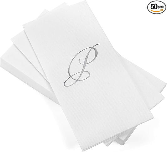 AMERICAN HOMESTEAD Disposable Hand Towels - Silver Foil Monogrammed Guest Napkins - Linen-Like Bathroom Paper Towels for Guests - Perfect Wedding and Party Napkins - 50 Count (Silver P)