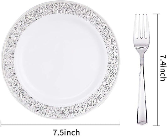 WDF 100pcs Silver Plastic Dessert Plates 7.5" with 100 Pieces Disposable Forks 7.4", Silver Plates Appetizer Plates Small Plates, Fancy Salad Plate and Cake Plate for Christmas Party/Wedding