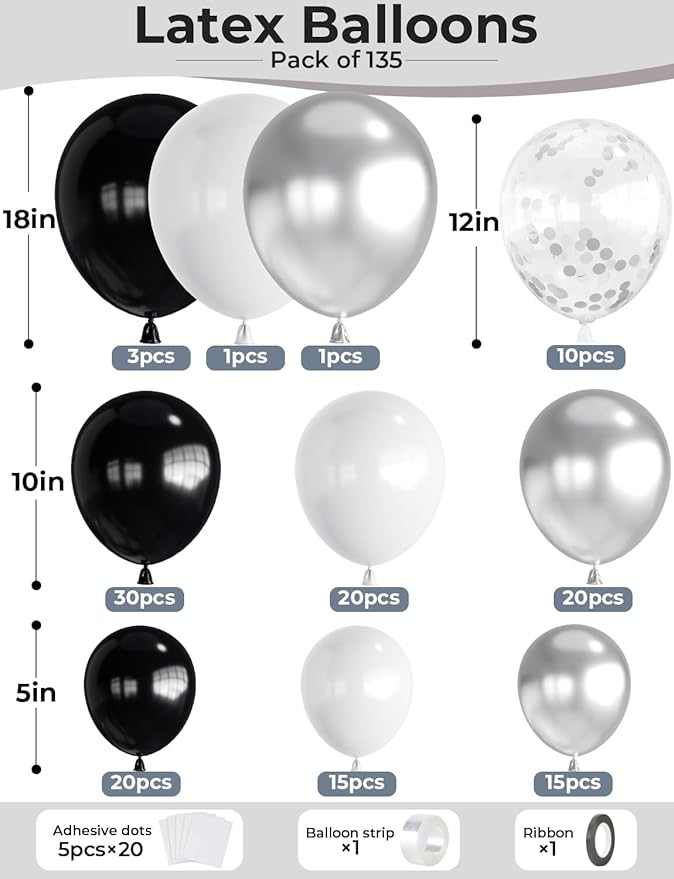 Black and Silver Balloons Garland Arch Kit,135 Pcs Graduation Balloons Kit，Metallic Silver Black White and Confetti Balloons for Graduation Decor，Birthday，Retirement，Wedding, Anniversary Supplie