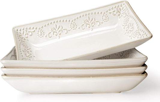 Artena Ceramic 8.25 Inch Rectangle Salad Plates Set of 4 - Deep Plates for Appetizer, Dessert, Dinner, Sushi, Snack, Pasta, Serving - Microwave Safe with Embossed Rim Design (Damask Floral)