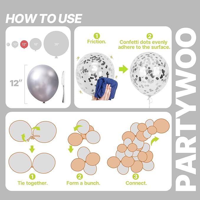 PartyWoo Black and Silver Balloons 65pcs 12 Inch Matte Black Metallic Chrome Silver Confetti Balloons for Graduation Baby Shower Men Birthday Wedding Anniversary New Year's Eve Party Decorations