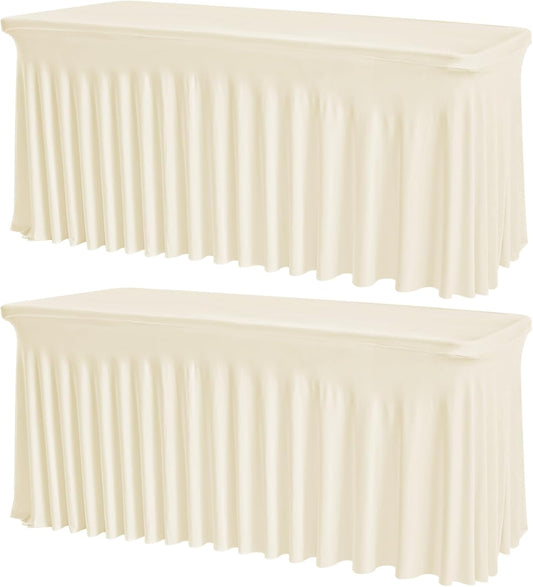 2 Pack Ivory Rectangle Tablecloths, Washable Stretch Fitted Spandex Table Covers for 6FT Tables, Wrinkle-Free & Reusable Table Cloths,Ideal for Parties, Banquets, Wedding, Buffet,Events