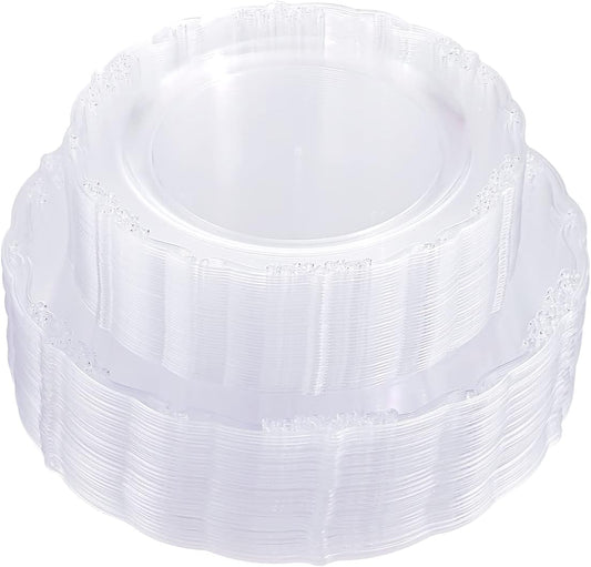 U-QE 100 Pieces Clear Plastic Plates - Clear Disposable Plates - Premium Hard Plastic Plates for Party, Holiday and Party Use Including 50 Dinner 10 '' & 50 Dessert Platos 7.5 ''