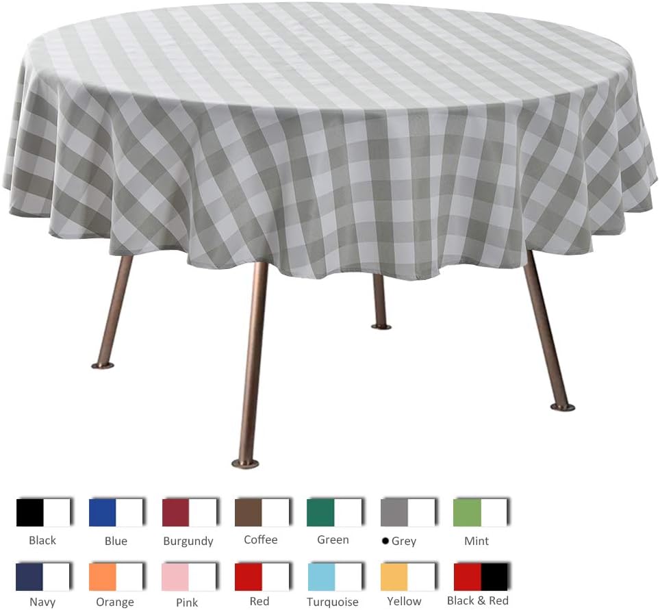 maxmill Round Checkered Tablecloth Spillproof Wrinkle Free Heavy Weight Gingham Table Cloth for Circular Table Buffalo Plaid for Buffet Banquet Parties Holiday Dinner 70 Inch Gray and White