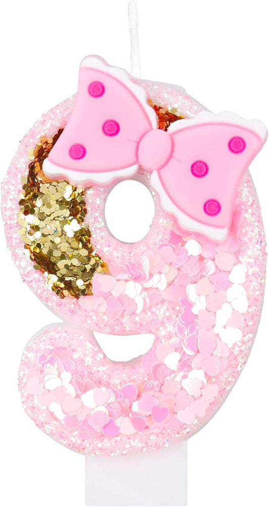 Pink Birthday Candles with Gold Glitter - Number 9, Bow, Birthday Decoration for Girls' 9th Party