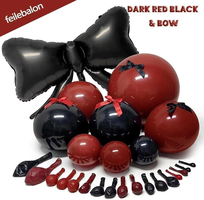 Dark Red Black Balloon Arch Kit with Bow, Double Stuffed Burgundy Black Red Maroon Balloon Garland for Birthday Baby Shower Anniversary Wedding Graduation Mother‘s Day Party Decoration