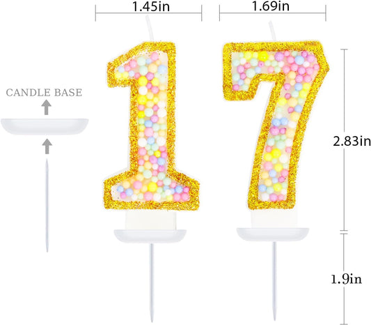 17th Birthday Candle for Cake, Colorful Macaron Numeral Candles for Boys/Girls, Birthday Party Cake Decorations, Golden Cake Topper for Birthday Party Supplies (Number 17)