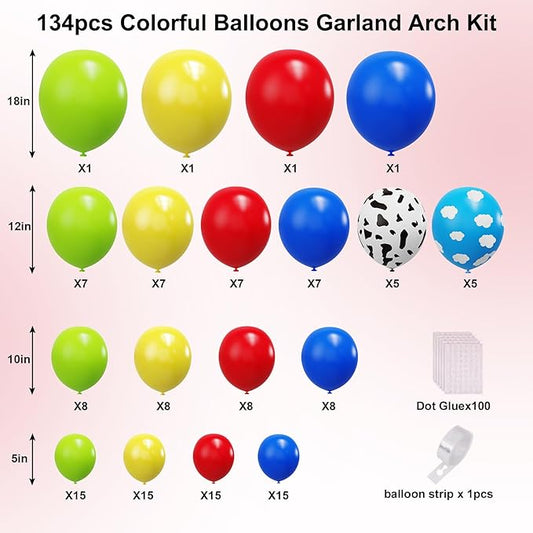 YMSZ Cow Print Balloons Arch Kit, 134pcs Red Blue Yellow Green Balloons with Cow Print Balloons for Boys Girls Birthday Baby Shower Party Decorations