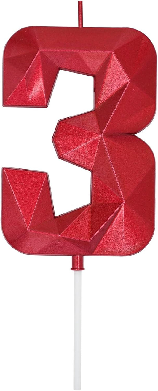 DERVENTA Large Birthday Candle Number 3D Red 3.7 inch Party Celebration Anniversary Decoration Cake Topper 1 Piece (Number 3 Red)