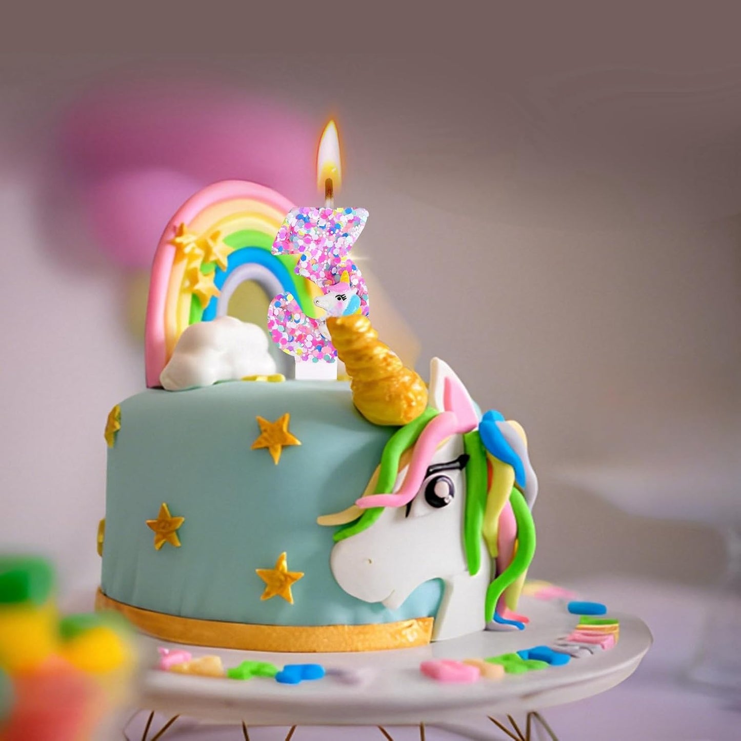 Unicorn Number Birthday Candles Decoration, Unicorn Themed Birthday Party Supplies, Glitter Sequin Birthday Cake Topper for Boy Girl Kids (Number 6)