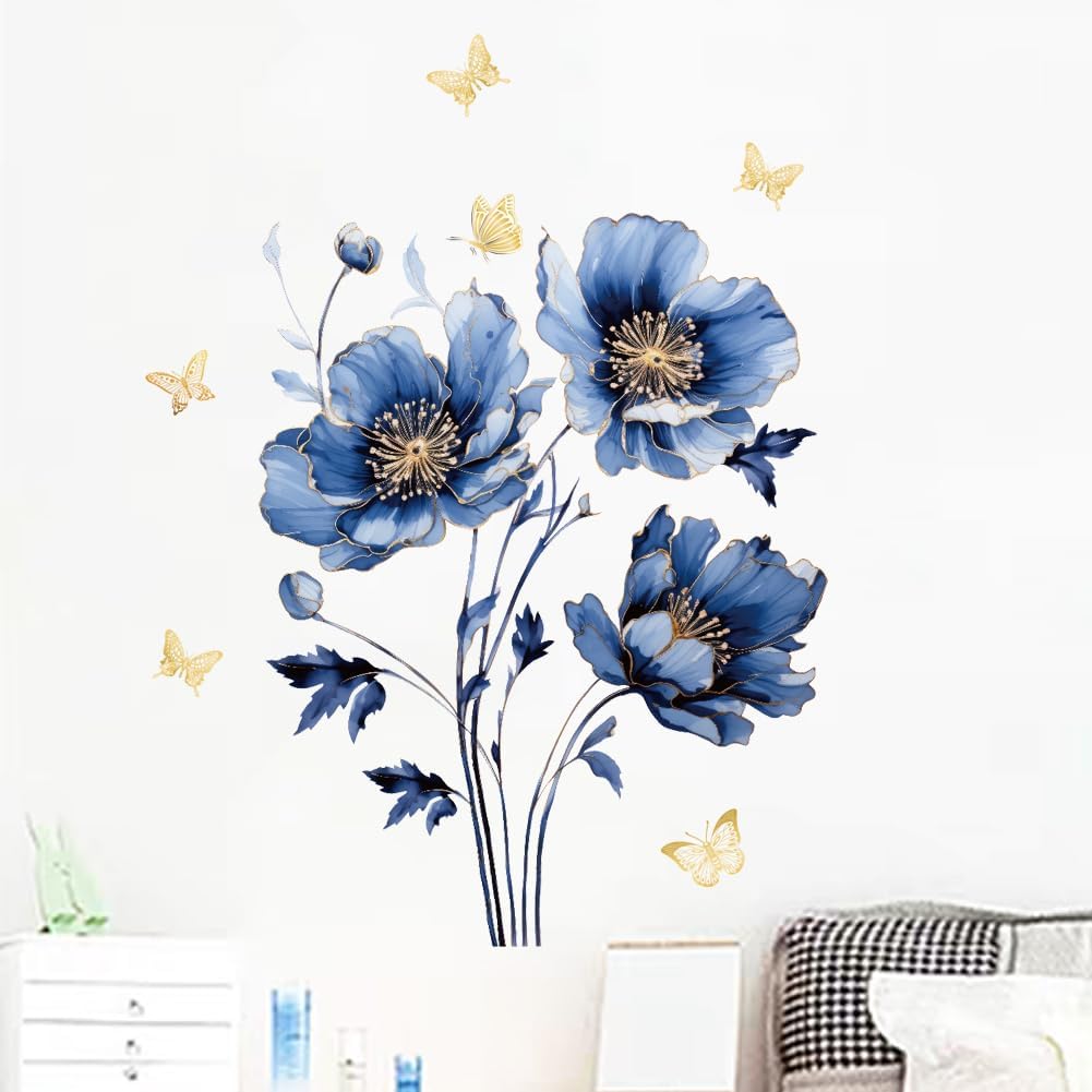 Wall Stickers Lotus Butterfly Wall Decals Watercolor Lotus Flowers Window Stickers Flowers & Gold Shining Butterfly Wall Posters Vinyl Blossom Art Wall Decal for Living Room Bedroom Home Decor
