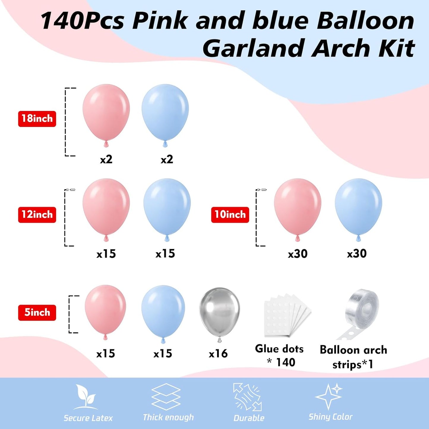 140Pcs Gender Reveal Balloon Garland Arch Kit - Pink and Blue Balloons Silver Latex Balloon for Boy or Girl Gender Reveal Decorations Birthday Party Baby Shower Celebration Anniversary (No Box)