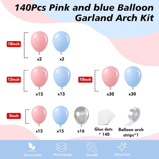 140Pcs Gender Reveal Balloon Garland Arch Kit - Pink and Blue Balloons Silver Latex Balloon for Boy or Girl Gender Reveal Decorations Birthday Party Baby Shower Celebration Anniversary (No Box)