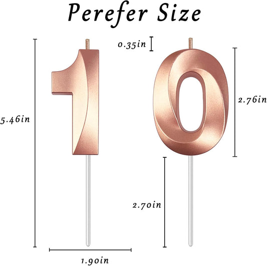 Rose Gold Number 10 Candles, 3D Diamond 2.76 Inch Cake Topper Birthday Candles for Wedding Anniversary Cake Decorations, Happy Birthday Party Decorations