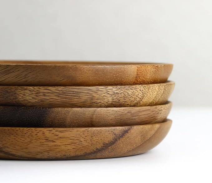 IQCWOOD 4 Pcs Wooden Dinner Plates, 8 Inch Acacia Wood Dinner Plates for Eating Wooden Serving Platter for Food Sandwich Dessert Salad Plate Fruit Platters Round Tray Wood Charger Plate