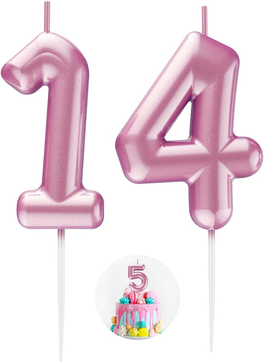 Pink Number 14 Candle Happy Birthday 3D Number Candles for Birthday Cake Party Decoration Wedding Anniversary Celebration Supplies